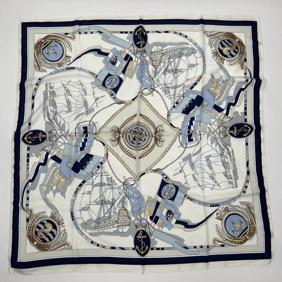 2/$30 NEW Cream Navy Blue Nautical Antique Gold Baroque Printed Silky Fashion … - Picture 3 of 9